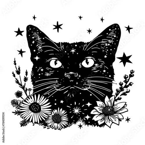 Black and white illustration of a cat with stars and floral elements, creating a mystical and enchanting theme.