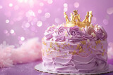 luxurious purple tiered cake with crown topper and floral accents for regal events