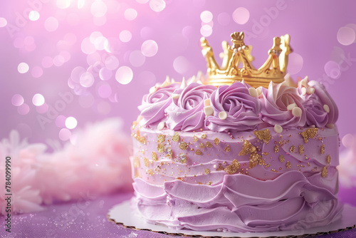 luxurious purple tiered cake with crown topper and floral accents for regal events photo