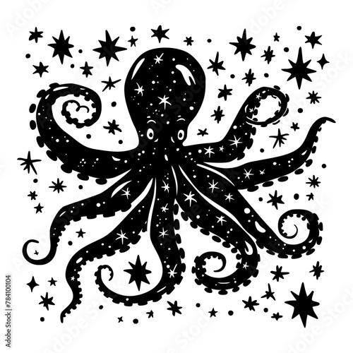 Black and white illustration of an octopus surrounded by stars, evoking a mystical and enchanting underwater theme.