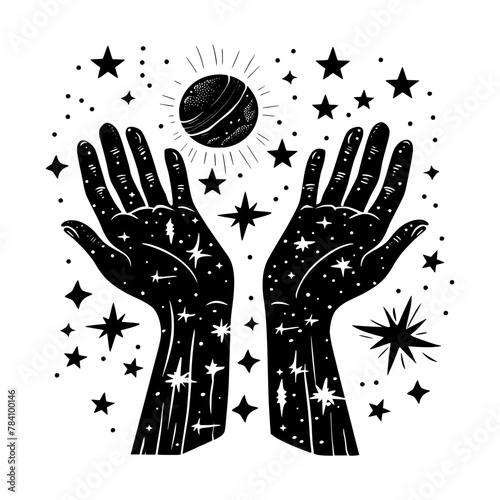 Black and white vector illustration of mystical hands with celestial bodies and cosmic patterns, symbolizing magic and astrology.