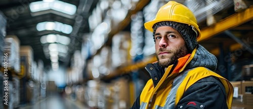 Focused Engineer in Warehouse Safety Gear. Concept Industrial Safety, Warehouse Operations, Engineer Photography, Focused Portraits, Safety Gear Technology © Ян Заболотний