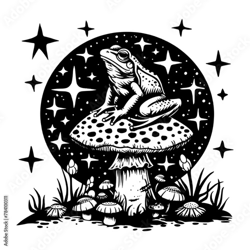 Black and white illustration of a frog sitting on a mushroom, surrounded by stars and smaller mushrooms, evoking a mystical and enchanting theme.