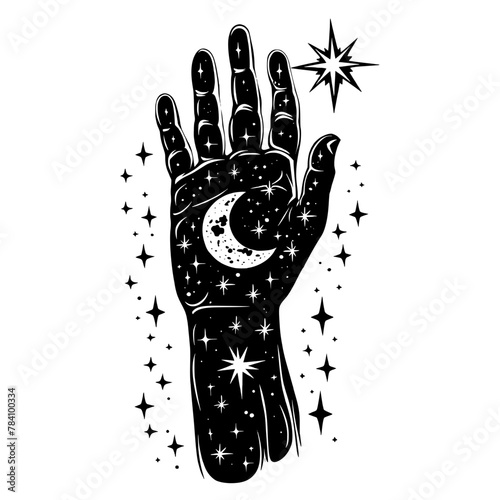 Black and white illustration of a hand adorned with celestial symbols, including a sun, moon, and stars, evoking a mystical and cosmic theme.