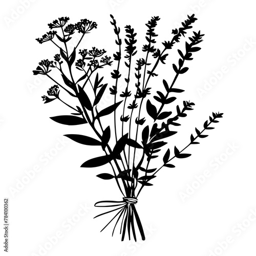 Black and white illustration of a tied bouquet of wildflowers and herbs