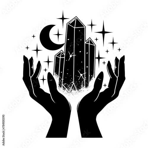 Black and white vector illustration of two hands holding crystals, surrounded by stars, mystical and celestial theme.