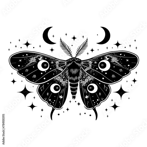 Black and white illustration of a moth surrounded by stars and crescent moons, creating a mystical and celestial theme.