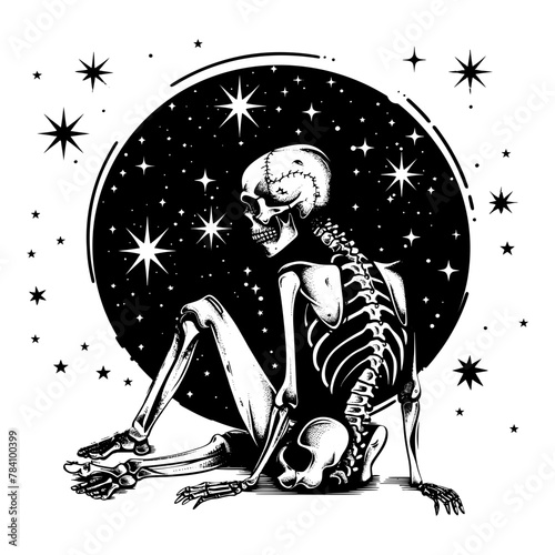  Skeleton sitting against a starry night background, evoking a mystical and eerie theme.