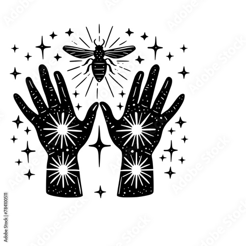 Black and white illustration of two hands with stars and a bee above them, surrounded by a cosmic background.