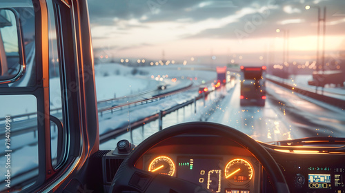 Truck Driver on Winter Highway in Spatial Concept Art