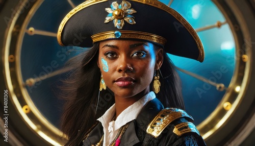A portrait of a futuristic pirate captain, blending traditional pirate elements with sci-fi photo
