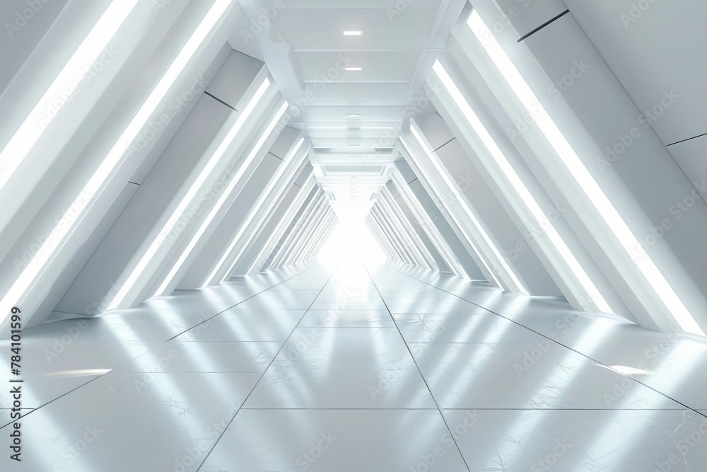 Naklejka premium empty long light corridor with modern white futuristic triangle tunnel 3d rendering digital ilustration
