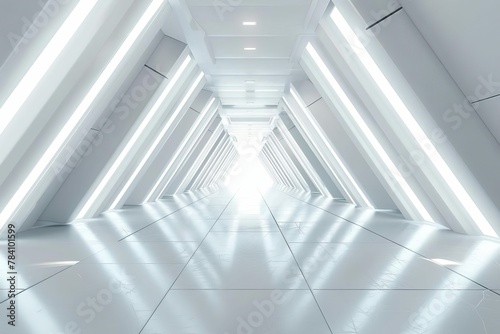 empty long light corridor with modern white futuristic triangle tunnel 3d rendering digital ilustration