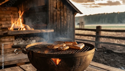 A rustic setting with a wood-fired grill, featuring traditional barbecue.