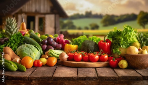A rustic wooden table with an array of fresh vegetables and fruits, with a soft focus 