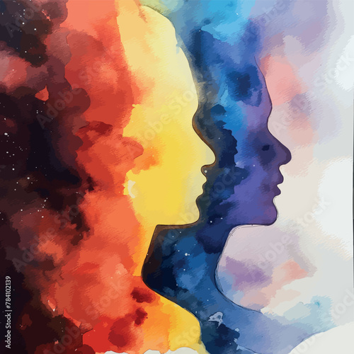 Abstract beautiful women face drawn with watercolor