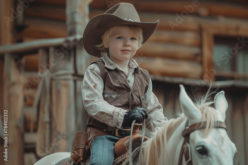 A boy in a cowboy costume riding a hobby horse.
