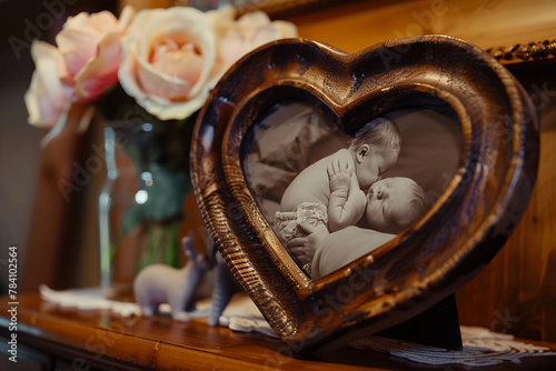 A baby's first ultrasound photo on display in a heart-shaped frame.