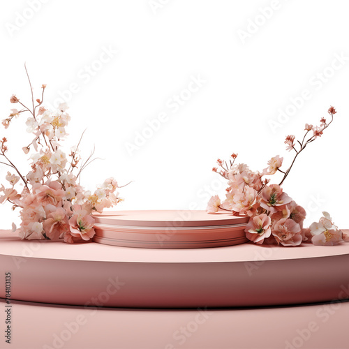 Podium with flowers for demonstrating products. Pink howcase mockup on transparent background photo