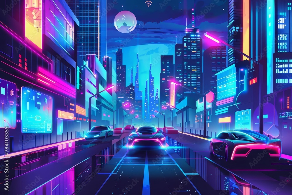 futuristic city street with hovering vehicles and holograms cyberpunk cityscape illustration