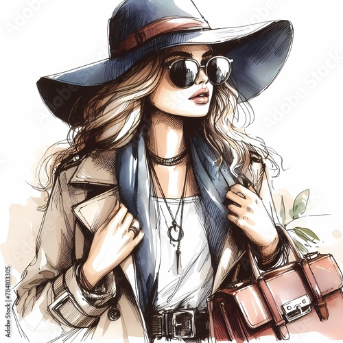 Beautiful young woman in a hat and sunglasses, Fashionable girl with a bag in her hands
