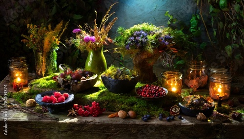 An enchanted garden setting with a moss-covered table, whimsically arranged with wild berries