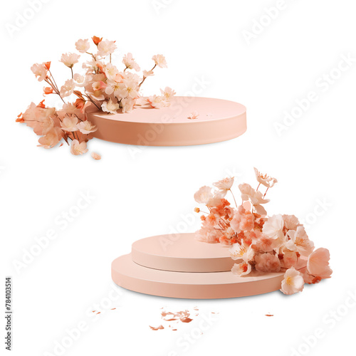 Podium with flowers for demonstrating products. Pink howcase mockup on transparent background