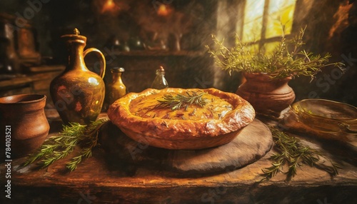 n oil painting of a warm, rustic kitchen with a freshly baked savory pie on a wooden table, photo