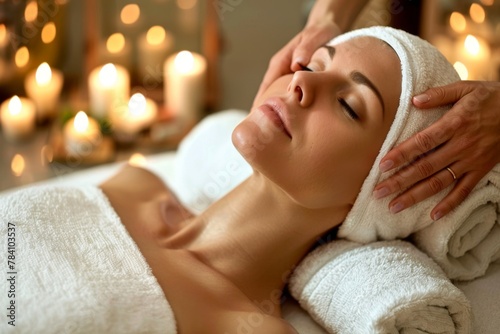 Tranquil scene of a woman enjoying a soothing spa treatment with gentle hands
