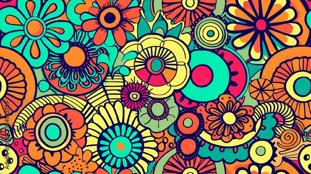an artistic colorful background with many colored flowers and swirly shapes