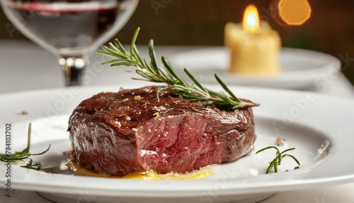 Close-up of a juicy, medium-rare steak on a white plate, garnished with fresh rosemary 