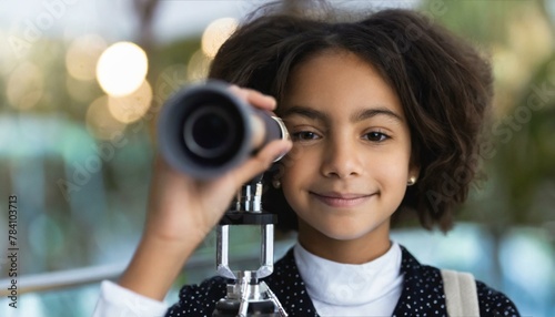 Close-up of a teenage girl with sparkling eyes, holding a vintage telescope.