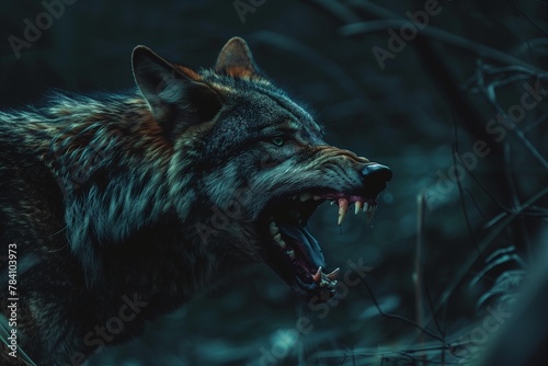 a dark wolf snarling at something with its mouth open