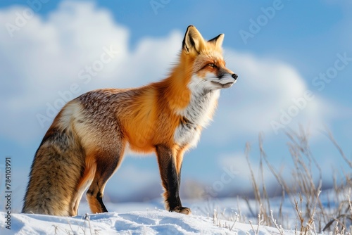 a fox standing in the snow looking ahead to its right