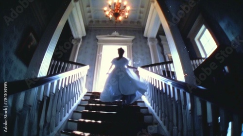 a bride walking down stairs at the end of a staircase photo