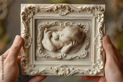 A baby's first ultrasound photo framed with a delicate, handcrafted border.
