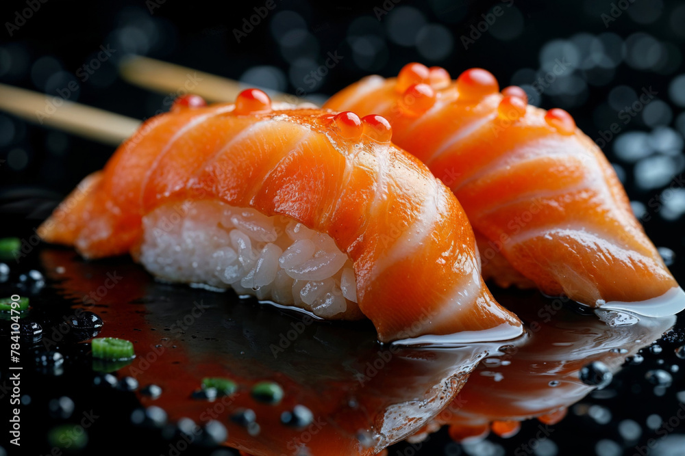Delicious Sushi Nigiri with Salmon and Roe Close-Up Delicious Sushi Nigiri with Salmon and Roe Close-Up
