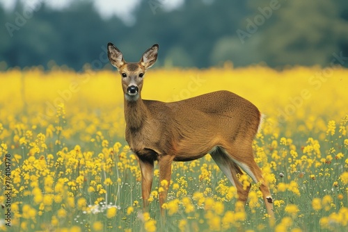 deer in the meadow yellow flower field