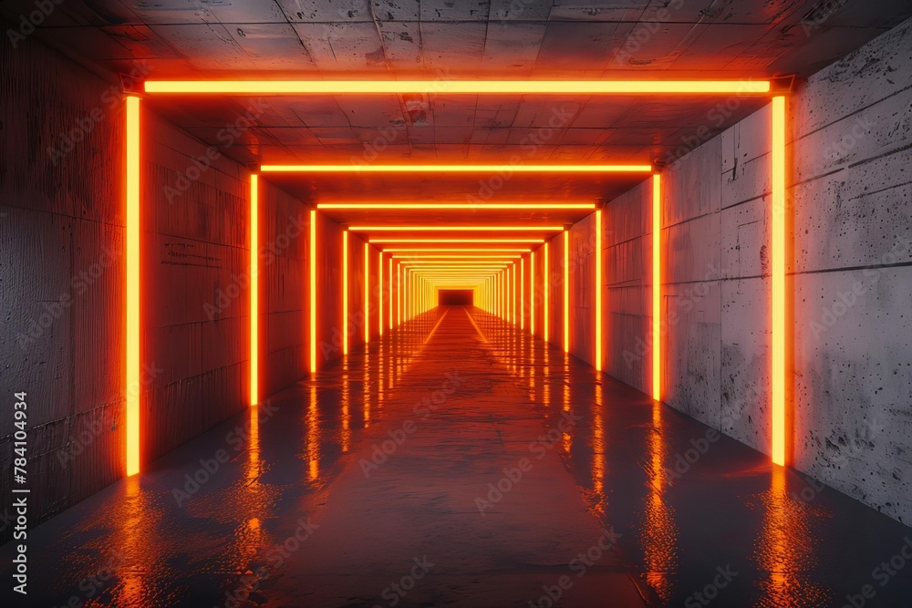 glowing orange neon tubes in dark concrete room futuristic scifi 3d render digital ilustration