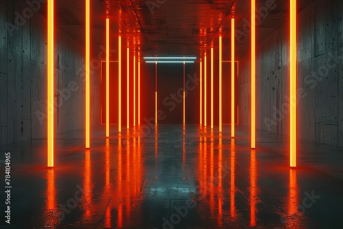 glowing orange neon tubes in dark concrete room futuristic scifi 3d render digital ilustration © Lucija