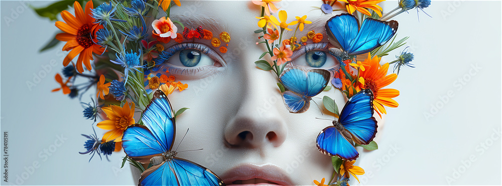 Artistic Makeup with Butterflies and Flowers
