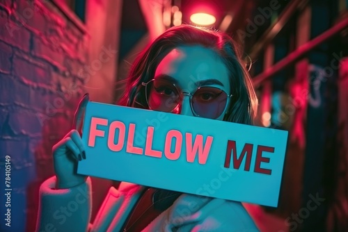 Beautiful instagram infuencer holding a sign with the text 