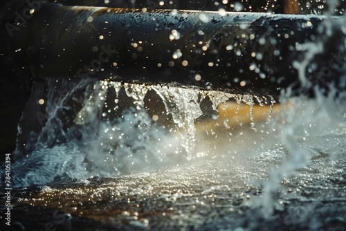 high pressure water gushing out of metal pipe industrial abstract photography