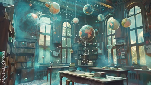 A classroom scene with floating globes and textbooks in a whimsical setting AI generated illustration