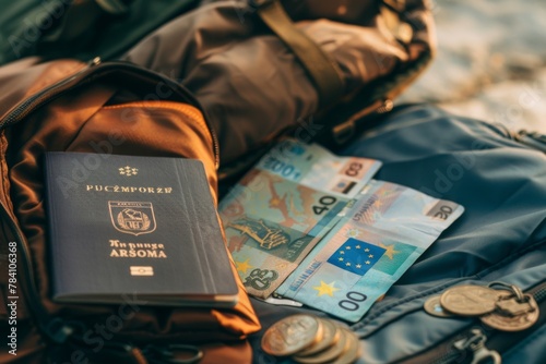 European passport and euro currency in backpack, representing readiness for travel photo