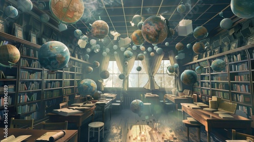A classroom filled with floating books and globes AI generated illustration