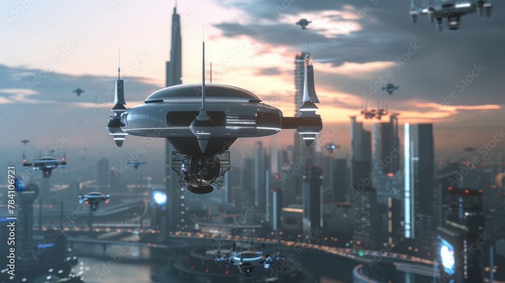 A futuristic take on a startup scene with D-rendered flying objects AI generated illustration