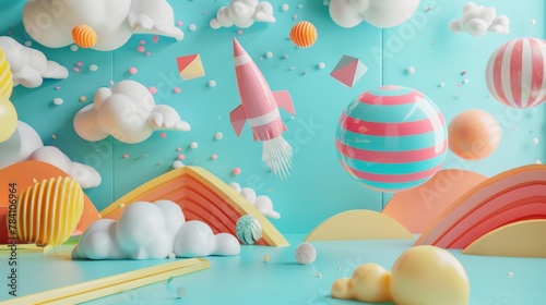A playful and lively scene featuring Memphis-style flying objects in a 3d render AI generated illustration
