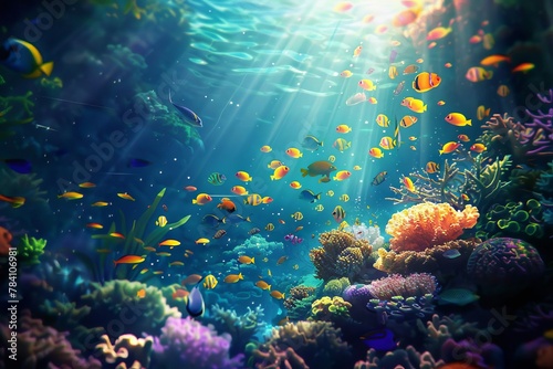 magical underwater scene with coral reefs and tropical fish vibrant ocean life illustration © Lucija