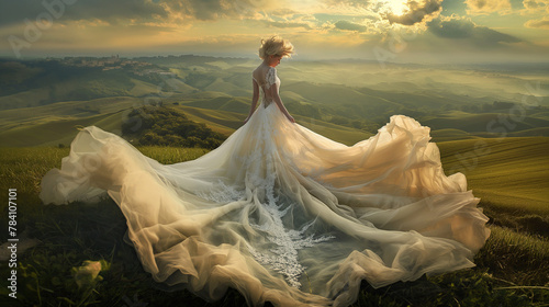 Modella vestita da sposa. Vestito da sposa lungo. photo